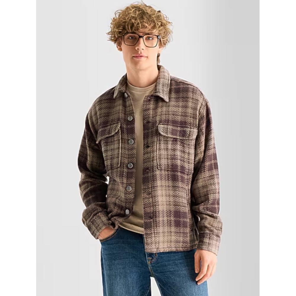 Arizona Jean Co Young Mens Brown Plaid Herringbone Flannel Shacket Small NEW